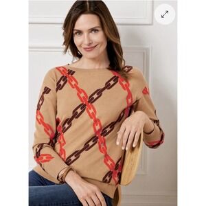 Talbots Women Sweater Large Sand Chain Link Print Long Sleeve Pullover Office